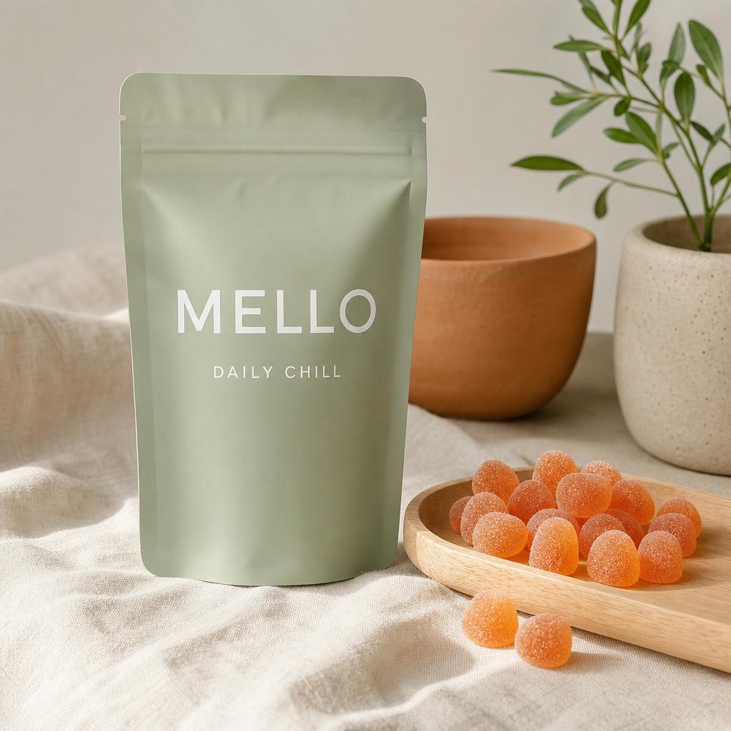Mello pouch beside a wooden tray of stress relief gummies