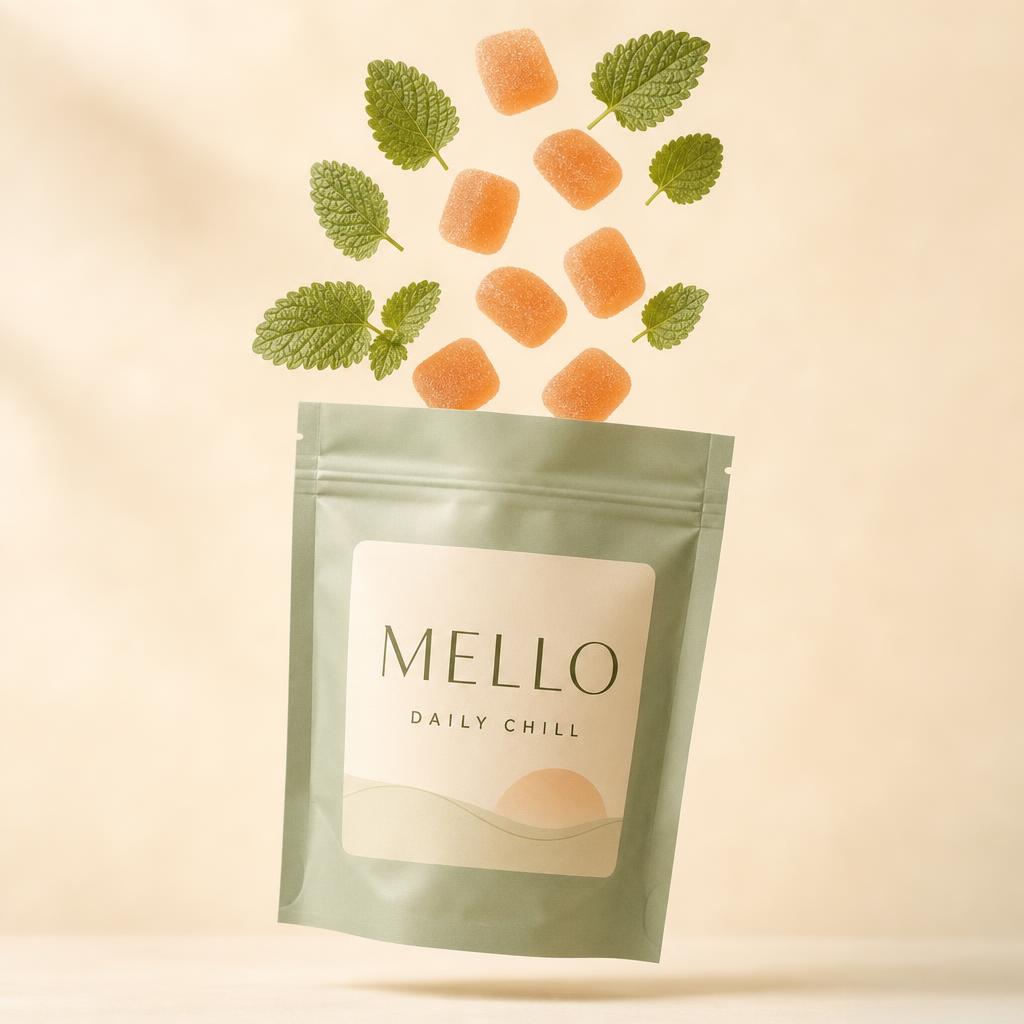 Mello gummies and lemon balm leaves floating above the pouch