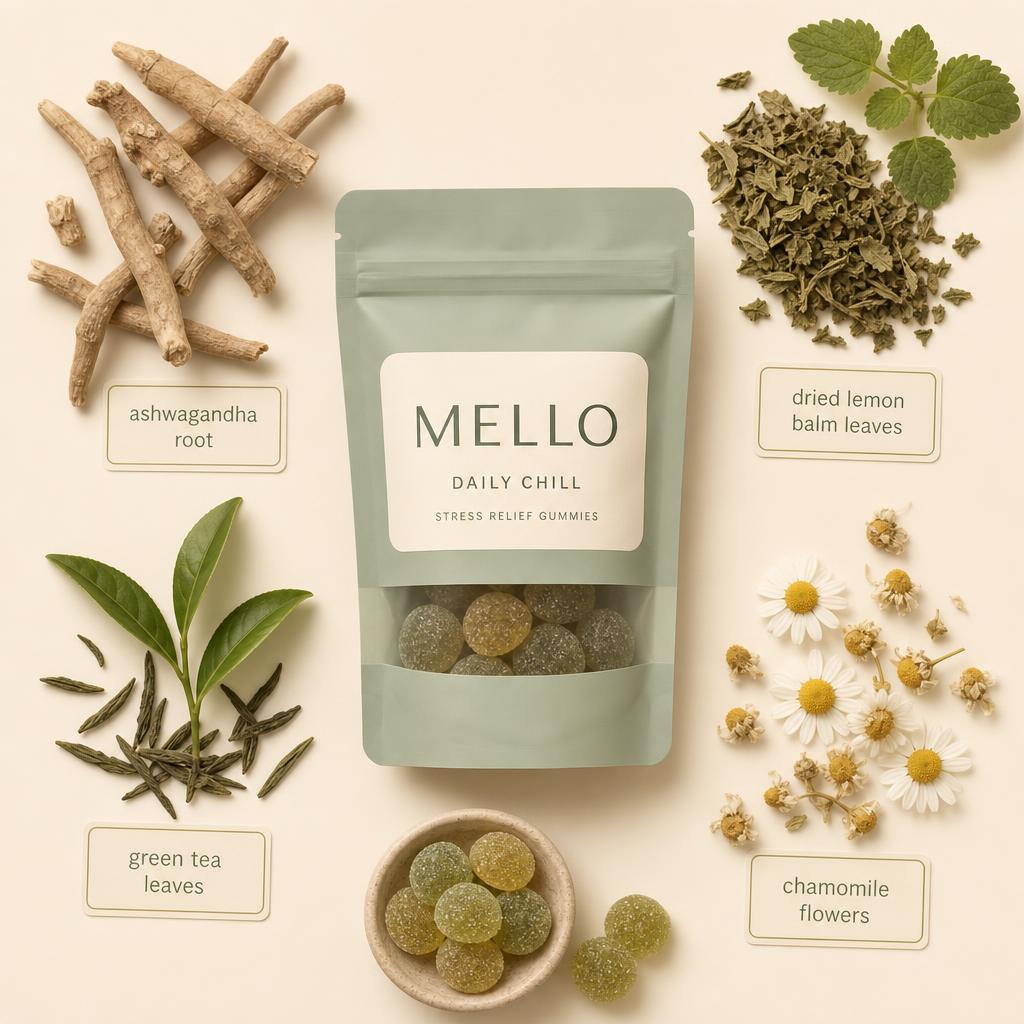Mello Daily Chill pouch with its key botanical ingredients labelled
