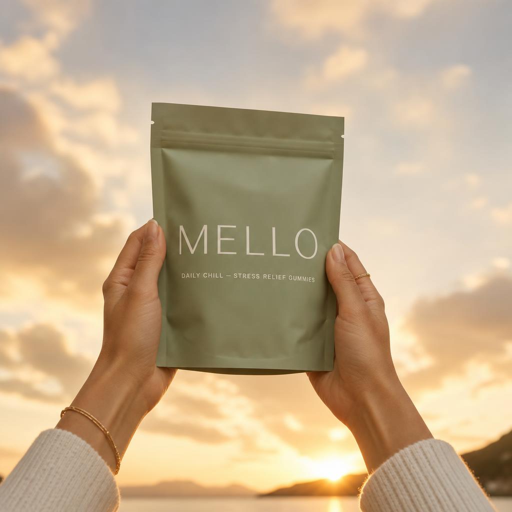 Hands holding the Mello Daily Chill pouch against a golden sky