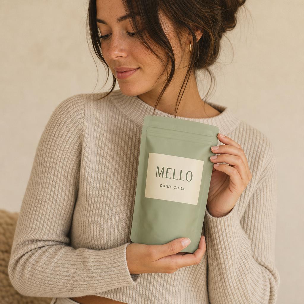 Person in a cream knit sweater holding the Mello pouch