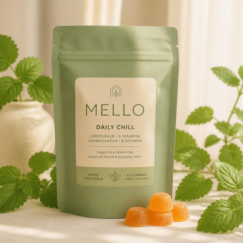 Mello Daily Chill pouch surrounded by fresh lemon balm leaves